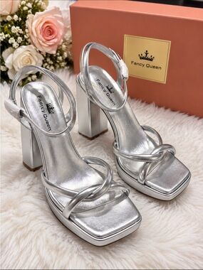 Silver Metallic Strappy Block Heel Sandals for Women